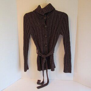Derek Heart Y2K Brown/White Chunky Knit Belted Cozy Cardigan Sweater Size S